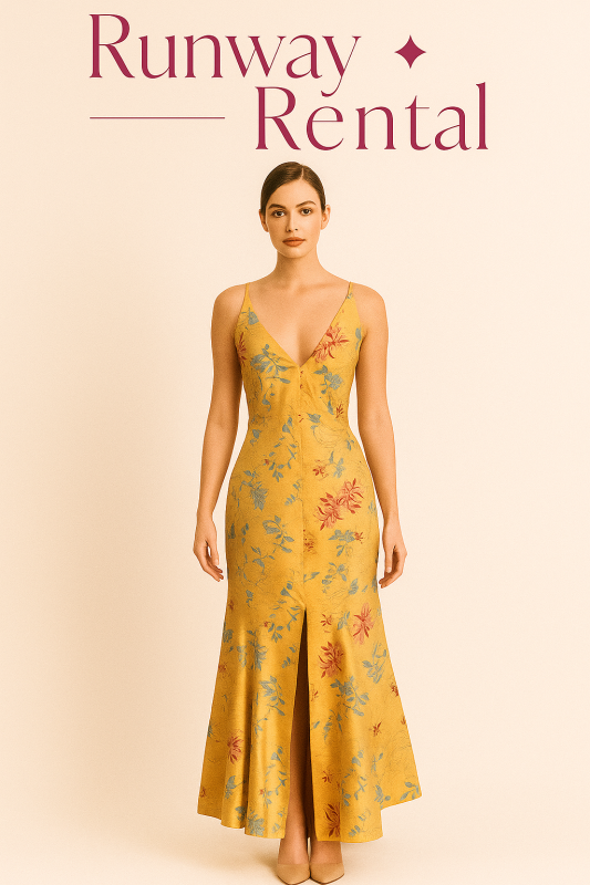 Vestido amarillo con flores bordada, tipo sirena Marca Matilde Cano Color Amarillo