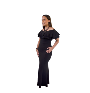 Vestido negro largo strech de fiesta, con volantes vintage.