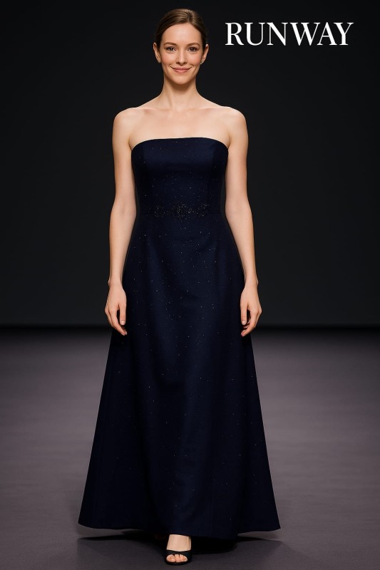 Vestido Lillie Rubin Azul Marino, tipo A hombros afuera con piedras.