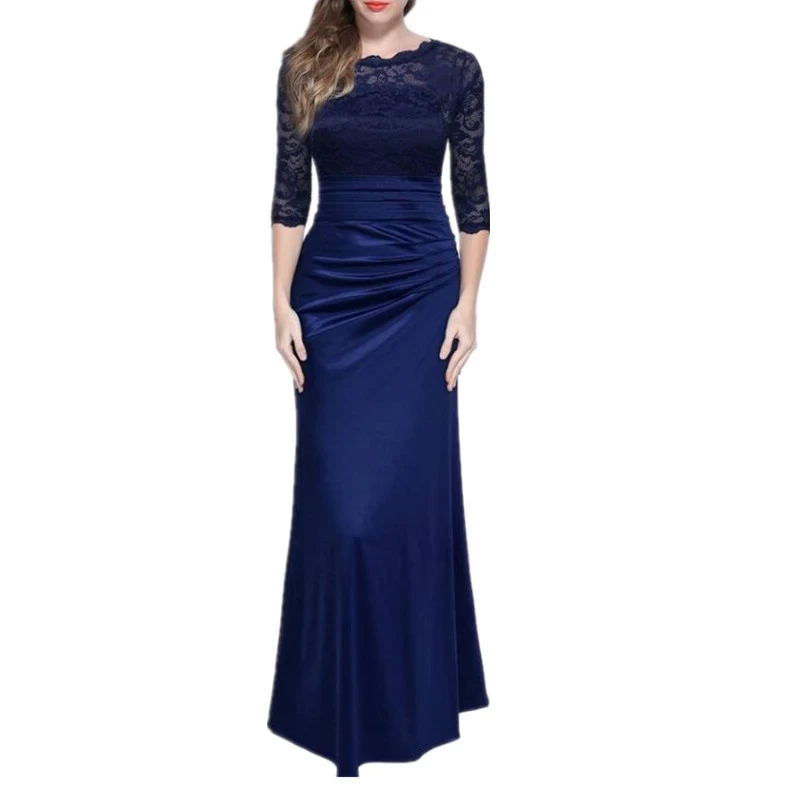 Vestido Miusol Azul Marino (Navy Blue) de encaje y seda, con. mangas.
