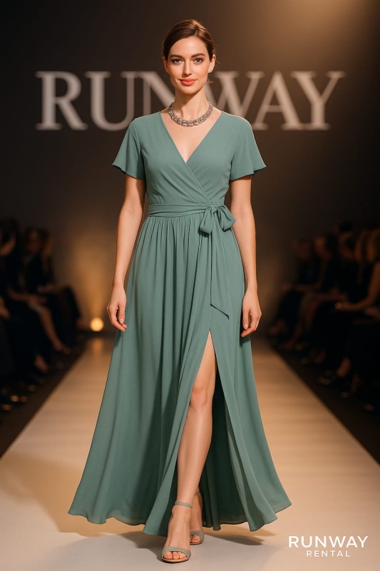 Vestido Revelry, verde musgo, abiertoenfrente, cuello en V