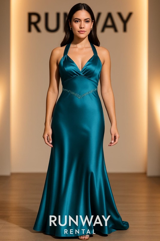 Vestido Dave & Johnny verde metalizado, tipo sirena de tirante y piedras