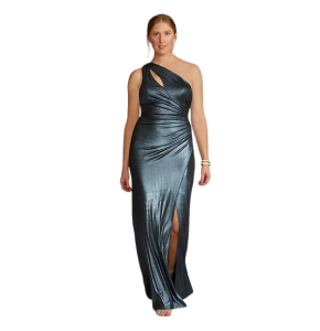 Vestido de jersey brillante, la cintura fruncida y la falda con aberturas acentuadas. Color Bronce.