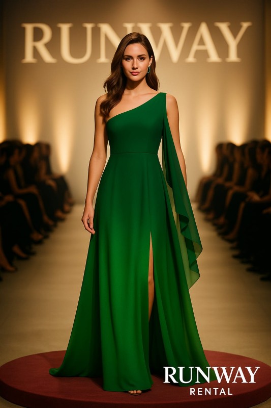 Vestido Verde JS Boutique color verde hombro afuera y decorado con piedras talla 14 (L)