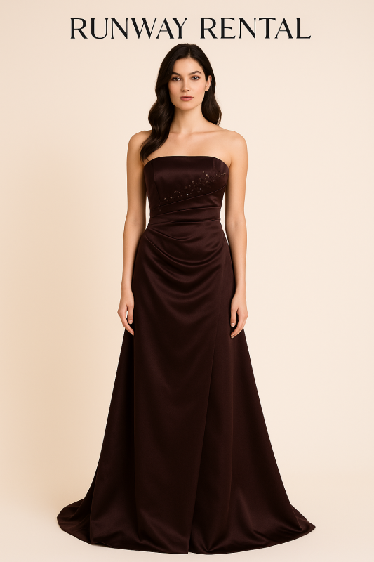 Vestido Color Café, tipo A, hombros descubiertos, con piedras