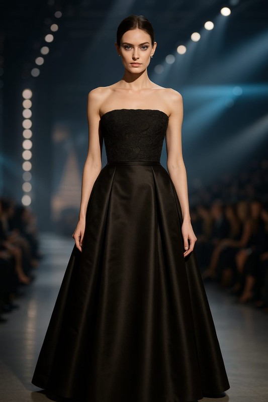 Vestido Demetrios color negro hombros afuera decorado con piedras talla 6 (S)