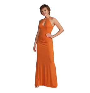 Vestido color naranja, escotado hasta la cintura, tipo tubo de punto con purpurina halter con ojo de cerradura