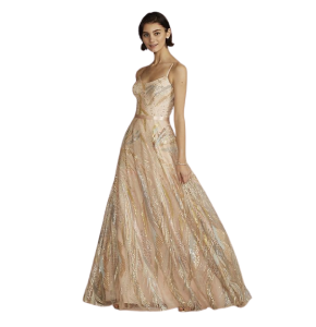 Vestido Corte en A con motivo de purpurina y cinturilla de satén