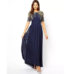 Vestido Virgos Lounge talla 10 color azul marino con Manga corta decoradas con adornos de cuentas y lentejuelas en los hombros, Cuello redondo Espalda con corte en V Corte Estilos clásicos vintage y