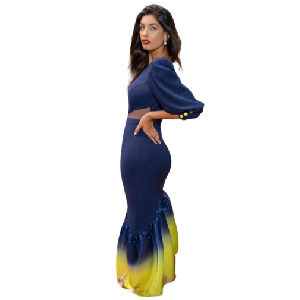 Vestido Silvia Najarro color Azul Marino y Amarillo un hombro afuera y una manga larga falda con vuelo en corte en diagonal talla 10