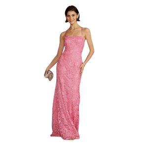 Vestido de fiesta de encaje hasta el suelo con cuello cuadrado