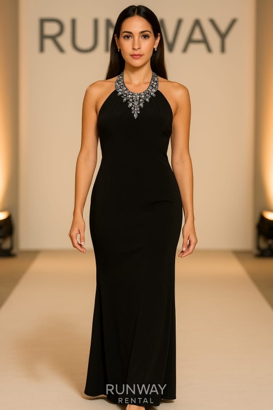 Vestido Morgan & Co color negro tipo halter con piedras tipo sirena talla 14 (L)