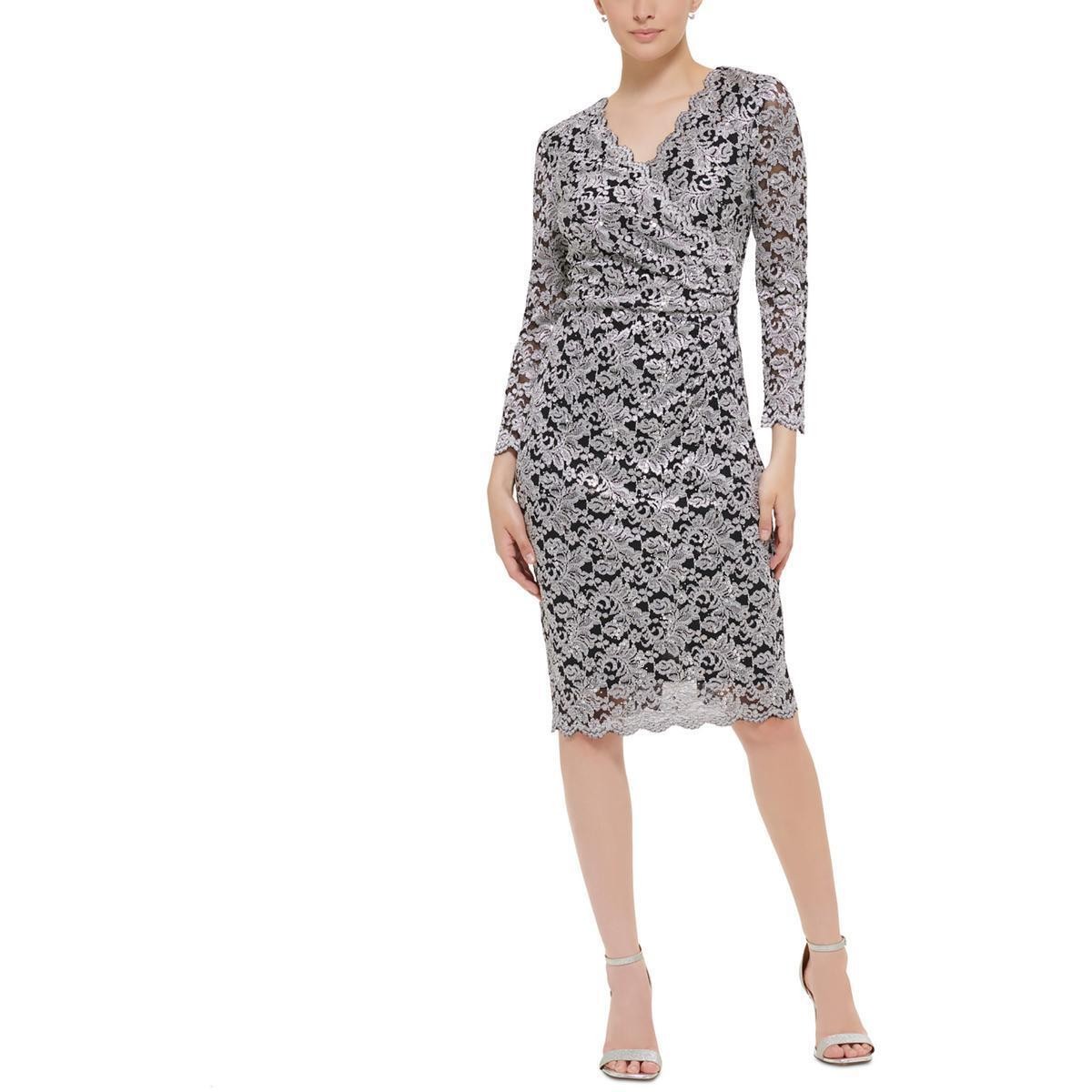 Vestido Corto Jessica Howard plateado y negro de encaje talla 12-2