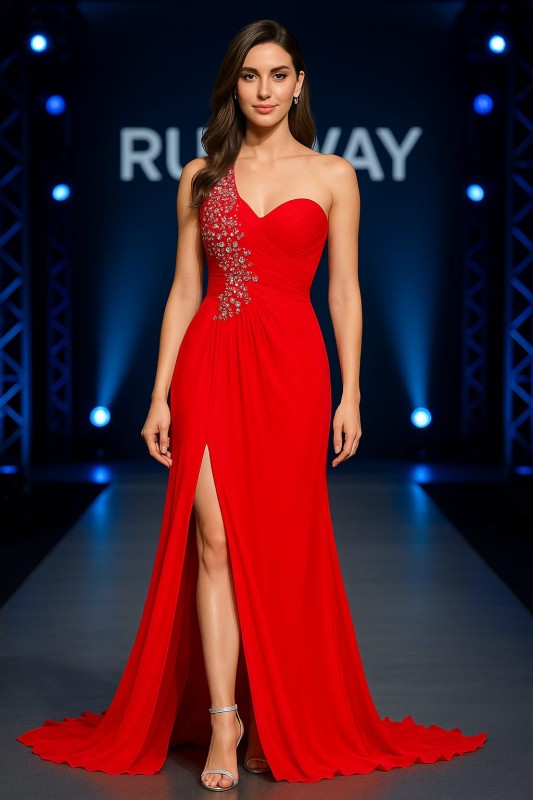 Vestido Merle color rojo decorado con piedras con escote pronunciado en la cintura hombros afuera tipo sirena con cola talla 10 (M)