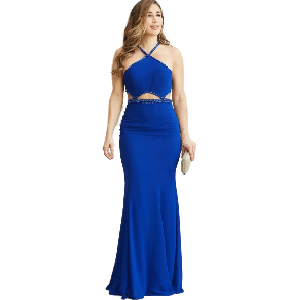 Vestido Minuet Azul Pavo con piedras y destapado en la espalda