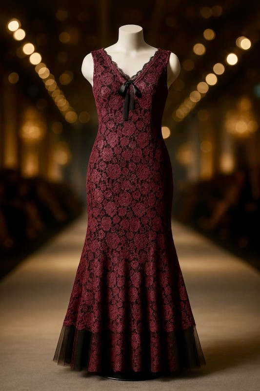 Vestido Candalite Color Morado (vino) tipo sirena de encaje y cuello en V Talla 16 (XL)