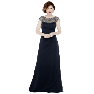Vestido XCAPE color negro con cuello docarado con piedras color bronce fruncido en la espalda y en frente talla 14 (L)
