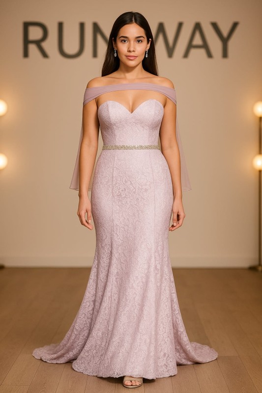 Vestido Asped USA color Lila, de encaje, hombros afuera con chalina, tipo corazón en el pecho y tipo sirena, delicada línea de piedras
