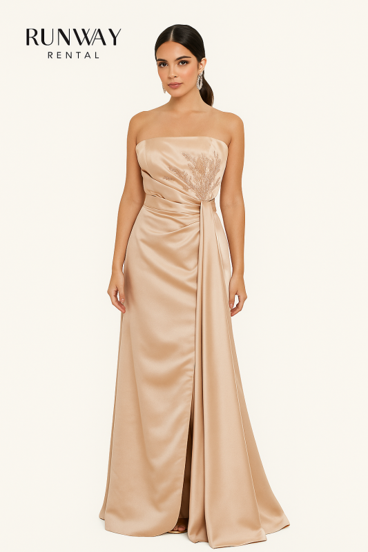 Vestido elegante para dama, color beige, hombros afuera