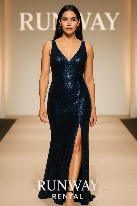 Vestido B Darling color azul marino de lentejuelas tipo sirena y abertura en la pierna