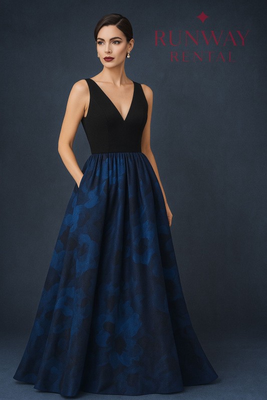 Vestido Aidan Mattox color azul y negro falda de flores Azules y Negro tipo A de Seda