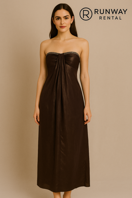 Vestido Café platinado, hombros afuera piedras en el pecho