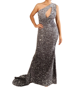 Vestido Miss Ord de lentejuelas color negro y gris, hombre afuera tipo sirena