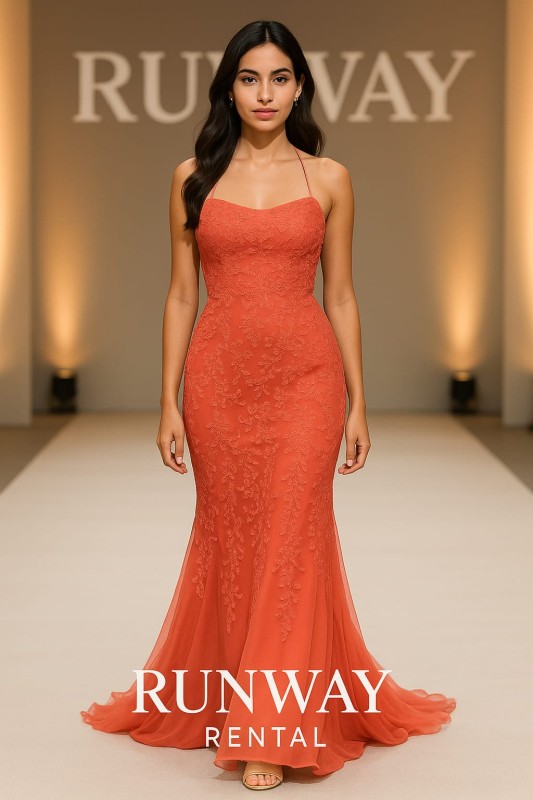 Vestido color coral (rosa)  de fiesta largo de encaje y tul tipo sirena cuello redondo Real tirantes finos espalda cruzada talla 6 (S)