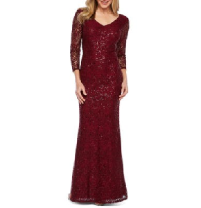 Vestido JCPenny de encaje y lentejuela color corinto cuello en V con mangas largas