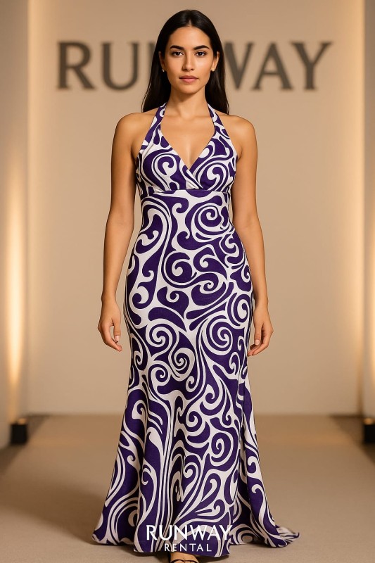 Vestido Bora USA tipo halter, color blanco y morado con piedras debajo el busto y tirantes