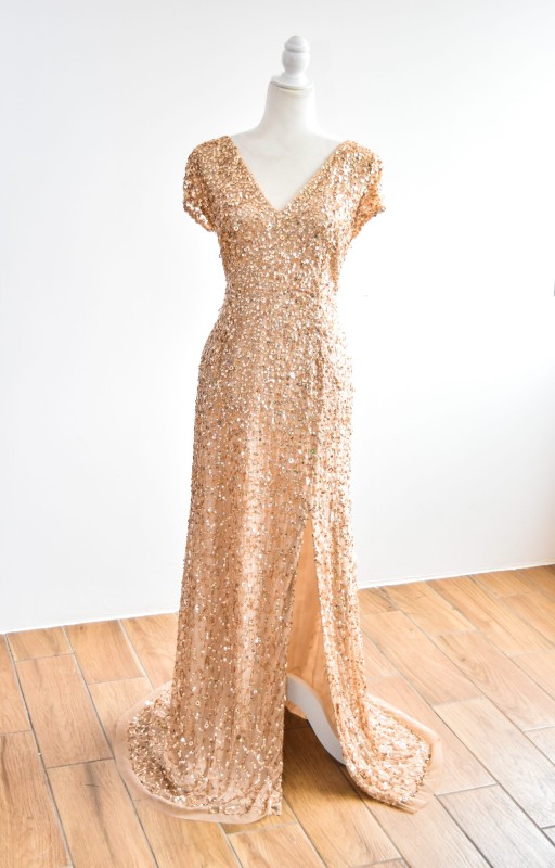 Sequines Beaded Long Sleeve A-line Long Girl Dress Chocolate