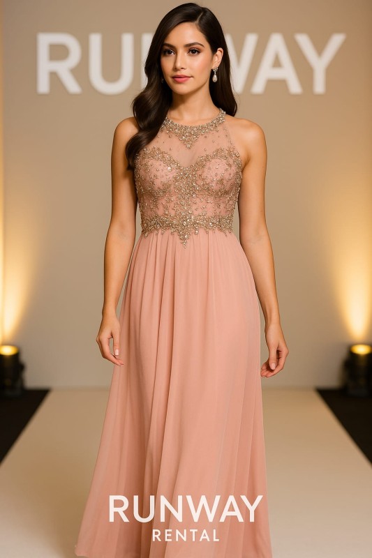 Vestido Cinderella color rosado con decorado en piedras en la cintura-pecho y cuello